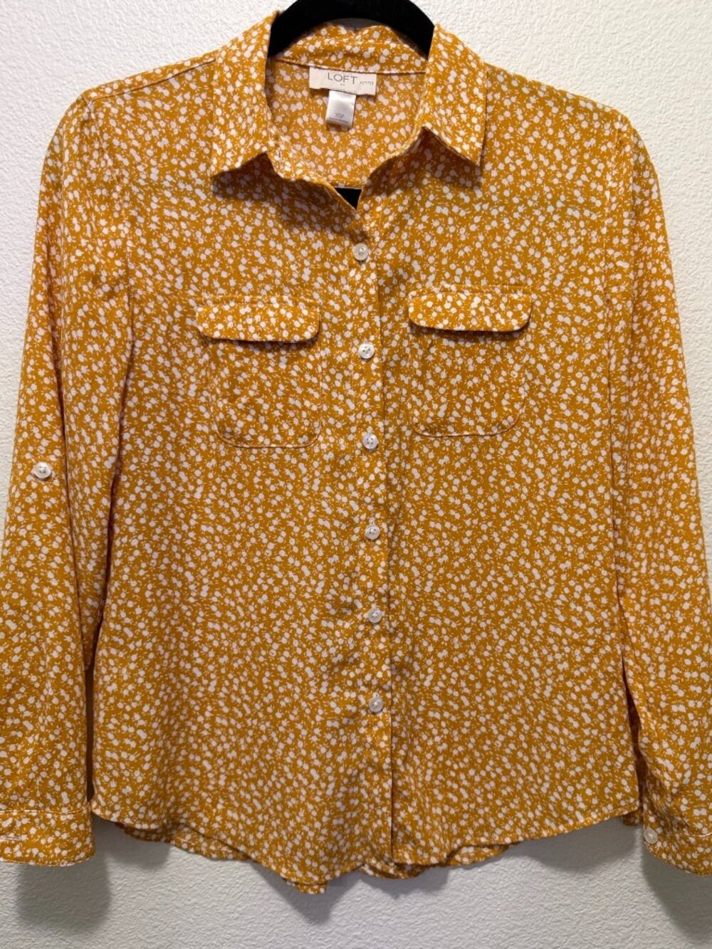 Loft Petite mustard and white floral button down blouse, roll tab sleeves, XSP